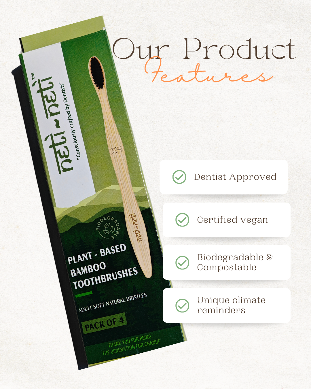 Neti Neti Bamboo Toothbrush – Adult (Pack of 4)